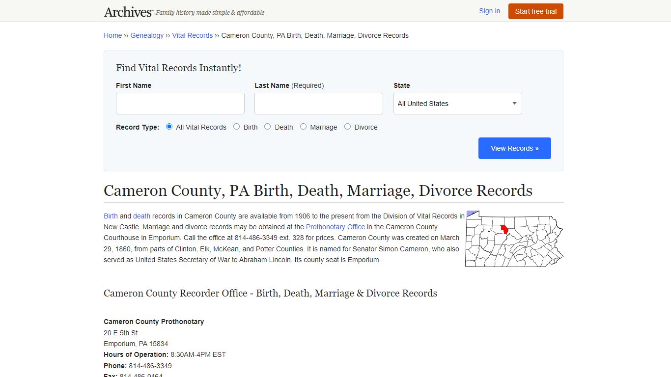 Cameron County, PA Birth, Death, Marriage, Divorce Records