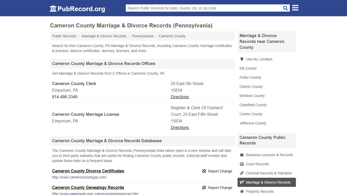 Cameron County Marriage & Divorce Records (Pennsylvania)